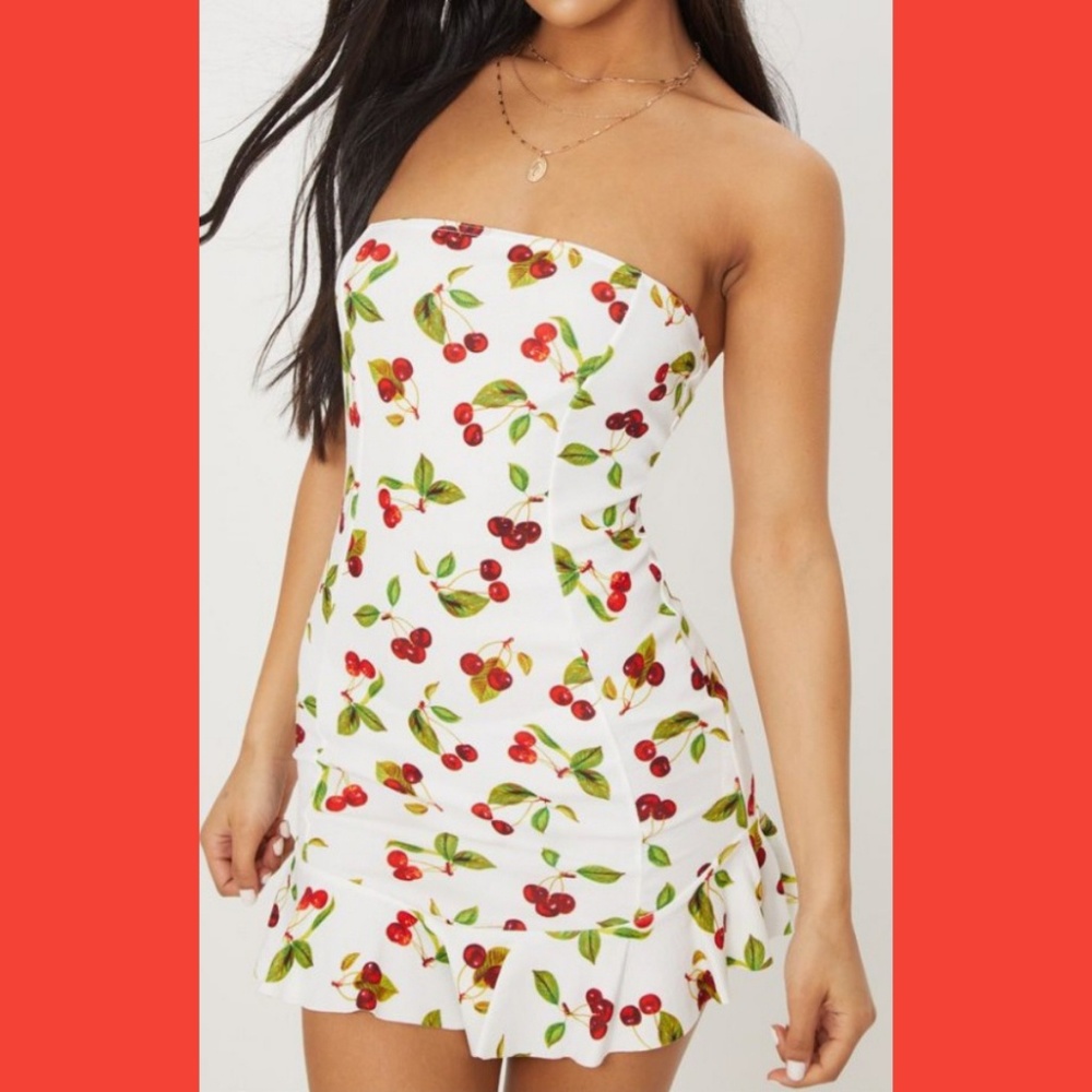 White Cherry Print Bandeau Frill Bodycon Dress